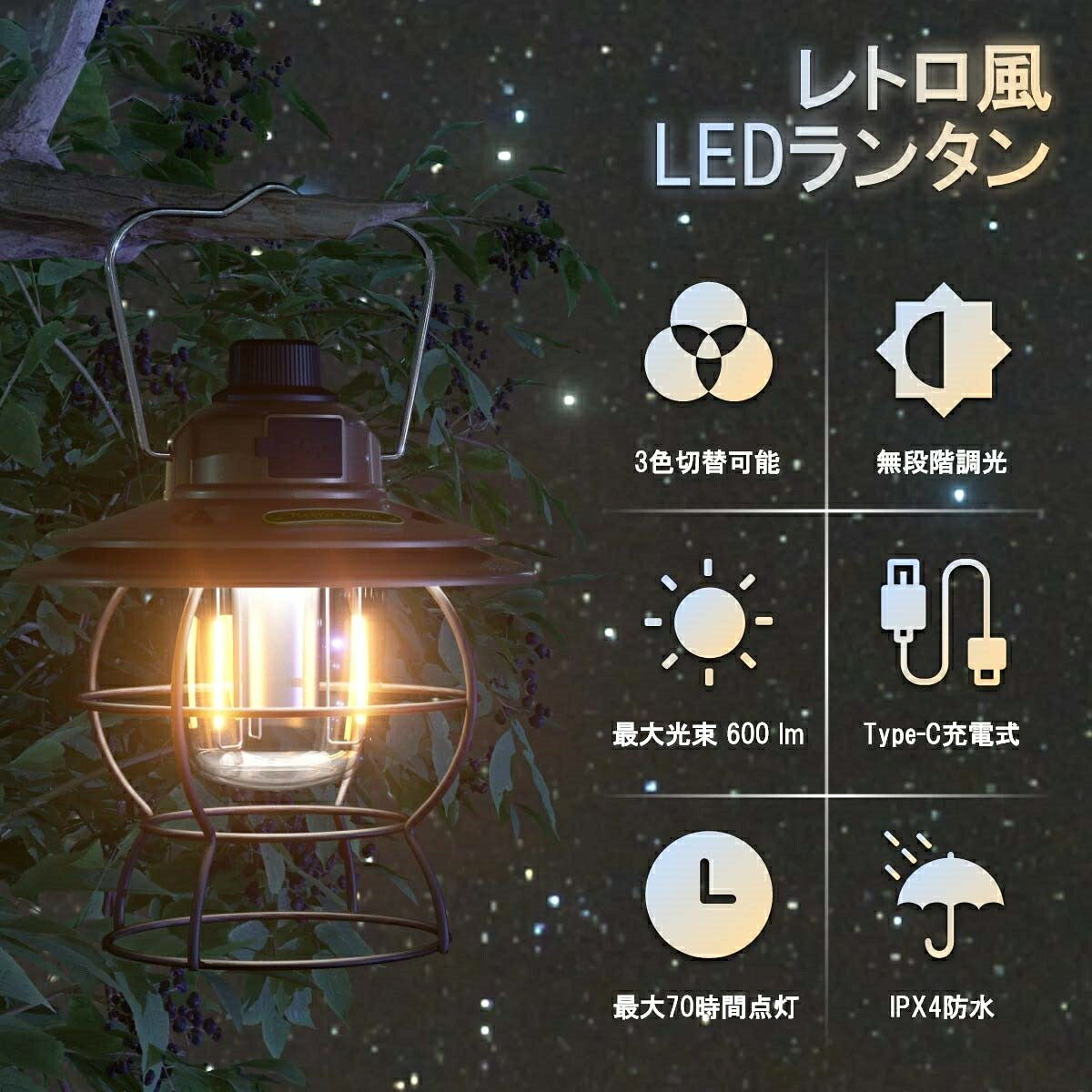 ランタン led 充電式 レトロ 3色切替(電球色・温白色・昼光色 ) 無段階調光 キャンプ ランタン モバイルバッテリー機能 電池残量インジケータ付き アウトドア 緊急 停電 防災 登山 夜釣り 雰囲気作り ブラック ブロンズ vender-10000360 VENDER サンプル画像2