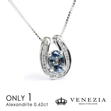 限定1点もの アレキサンドライト K18WG 馬蹄 ホースシュー 変色効果 カラーチェンジ 6月の誕生石 0.62ct ダイヤモンド 0.07 ネックレス ペンダント 天然石 宝石