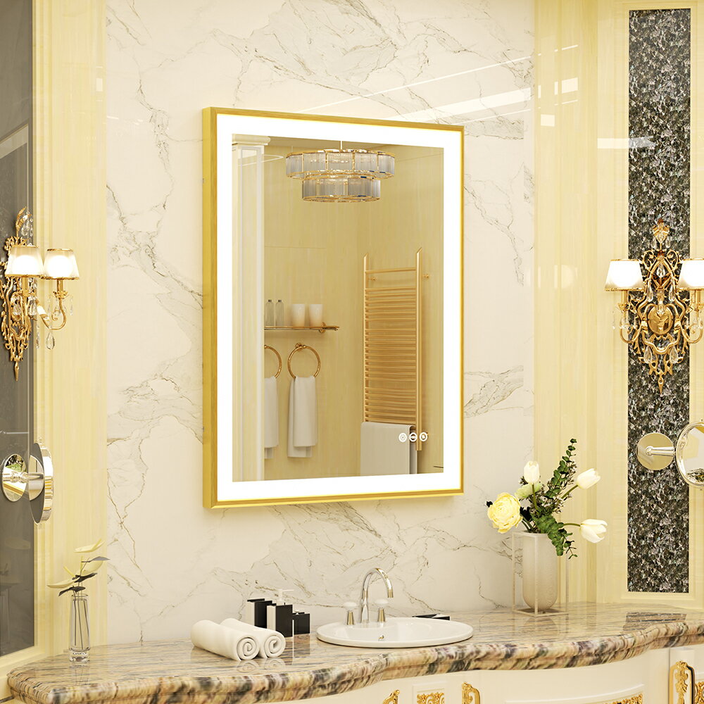 洗面鏡 壁掛け ゴールド 60x80cm 大きい おしゃれ ledライト付き 照明 大型 洗面所の鏡 浴室用化粧鏡 長方形 女優ミラー 調光 トイレ ドレッサー 美容室 バスルームミラー くもらない