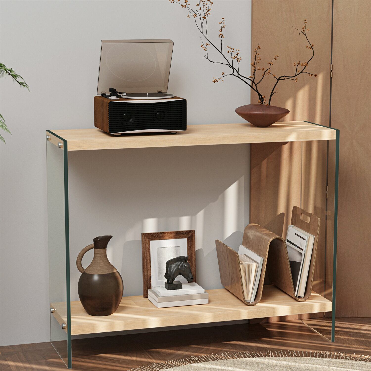 コンソールテーブル 玄関テーブル 2段 飾り棚 収納 インテリア モダン リビング 収納スペース付きのエントランステーブル、ソファサイドのサイドテーブル、頑丈な10mm厚の強化ガラス脚