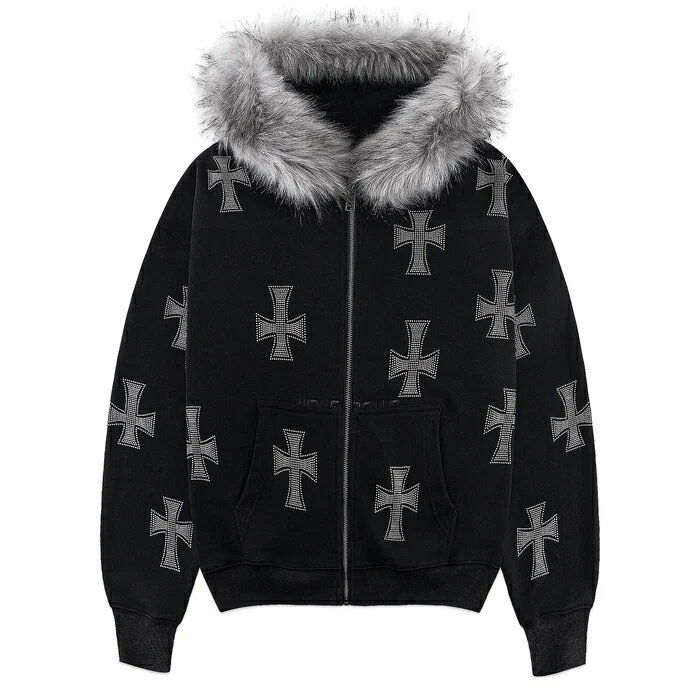乐天商城 - UNKNOWN LONDON / Cross Rhinestone Faux Fur Zip Hoodie