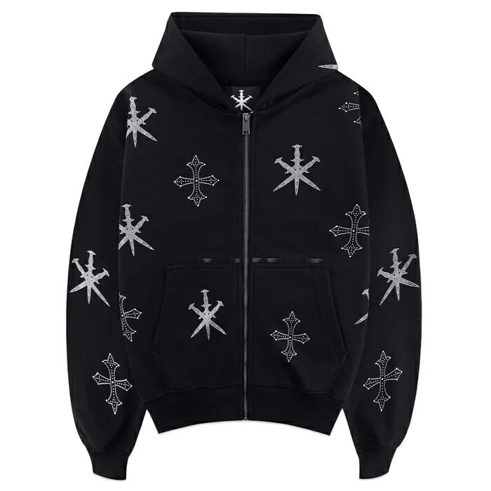 UNKNOWN LONDON / Dagger Cross Rhinestone Zip Hoodie