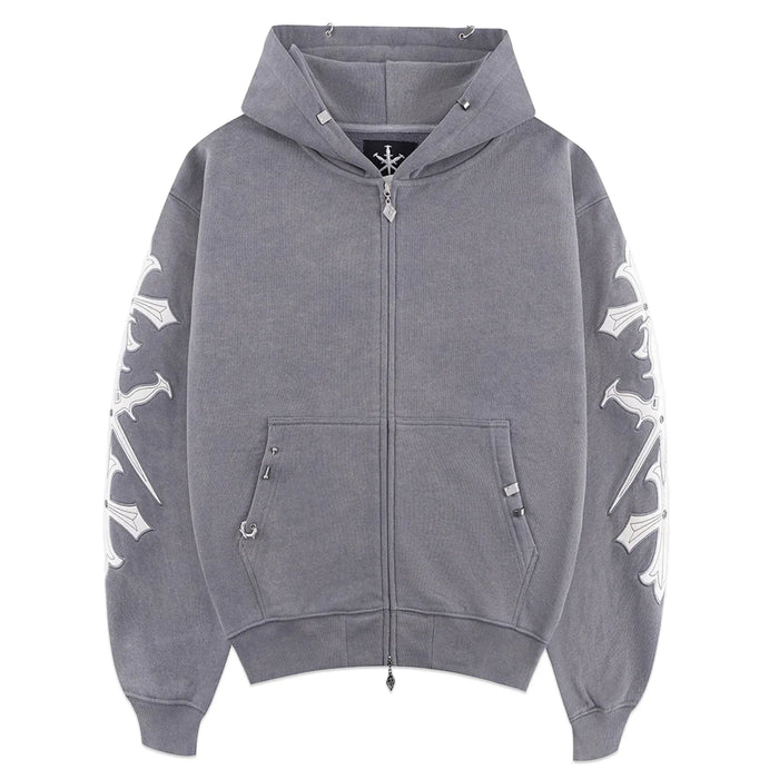 UNKNOWN LONDON / Dagger Cross Leather Patch Zip Hoodie