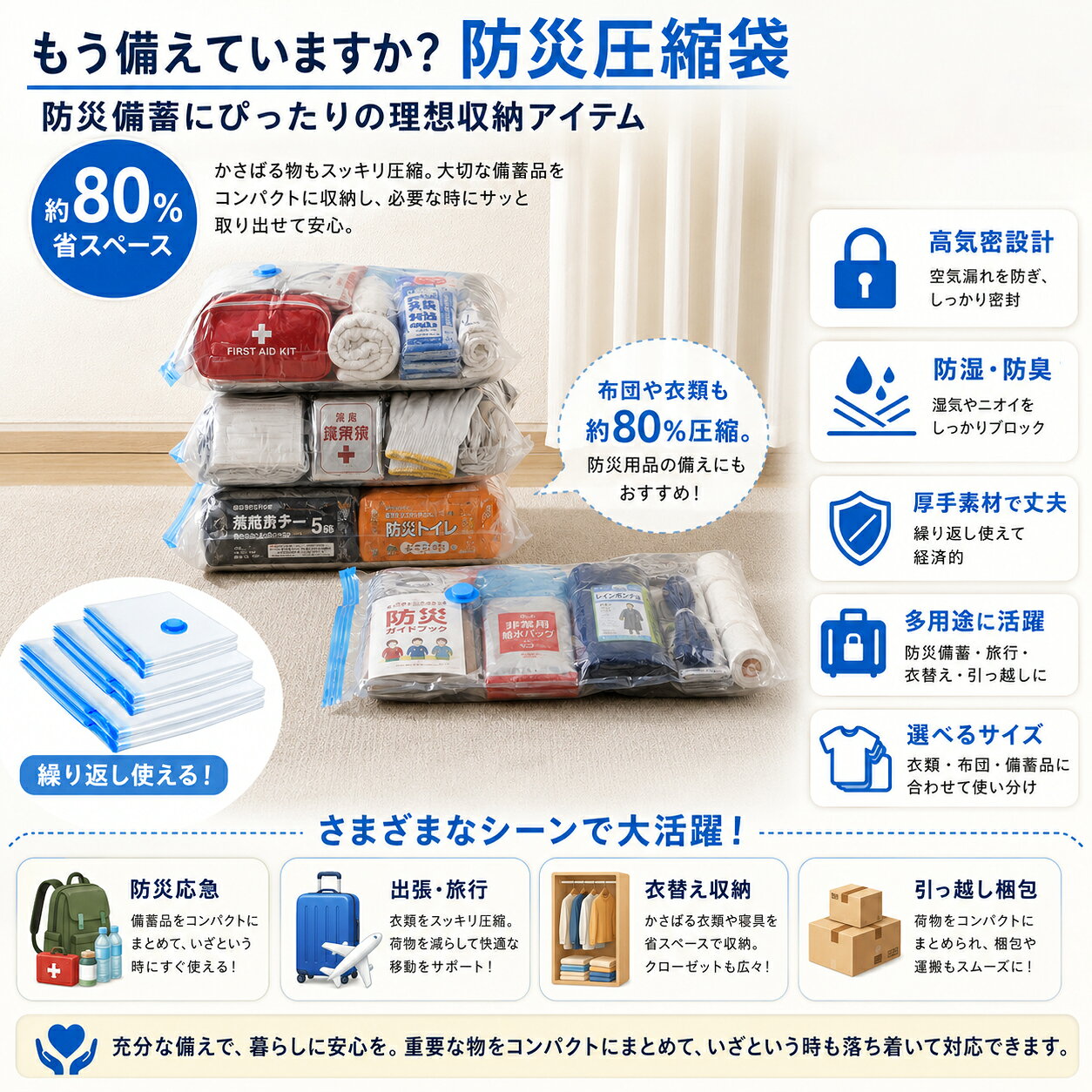 「即日発送」防災圧縮袋 密封圧縮袋 汚物密封 厚手素材 防災用品 ゴミ圧縮 ポンプ付き圧縮袋 防水 緊急隔離 防災グッズ長期保管 収納袋 防湿 防塵 防カビ 難バッグ収納 家庭備蓄 災害備蓄 ポンプ 防臭収納 布団収納 強力圧縮 大型収納 緊急避難用品 手動ポンプ付き 備蓄収納 venus-wear-10002434 栄興商店 サンプル画像2