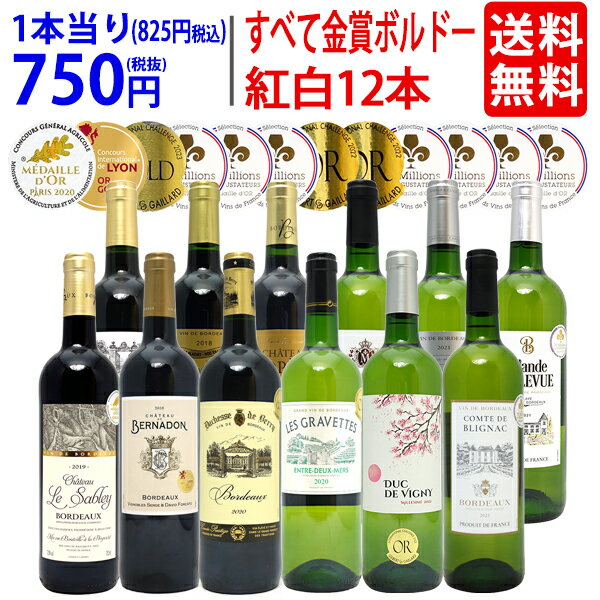 ワイン ワインセットすべて金賞フランス名産地ボルドー赤白12本セット 赤6本＋白6本 送料無料 紅白 ギフト ^W0UK31SE^