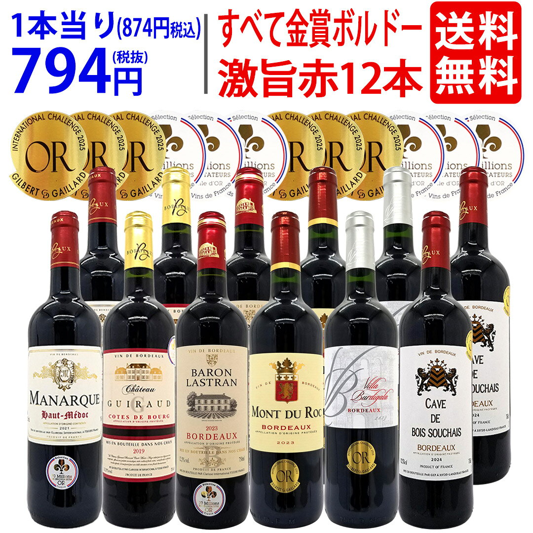 ワイン ワインセットすべて金賞フランス名産地ボルドー激旨赤12本セット 送料無料 (6種類12本) 飲み比べセット ギフト ^W0DIA2SE^