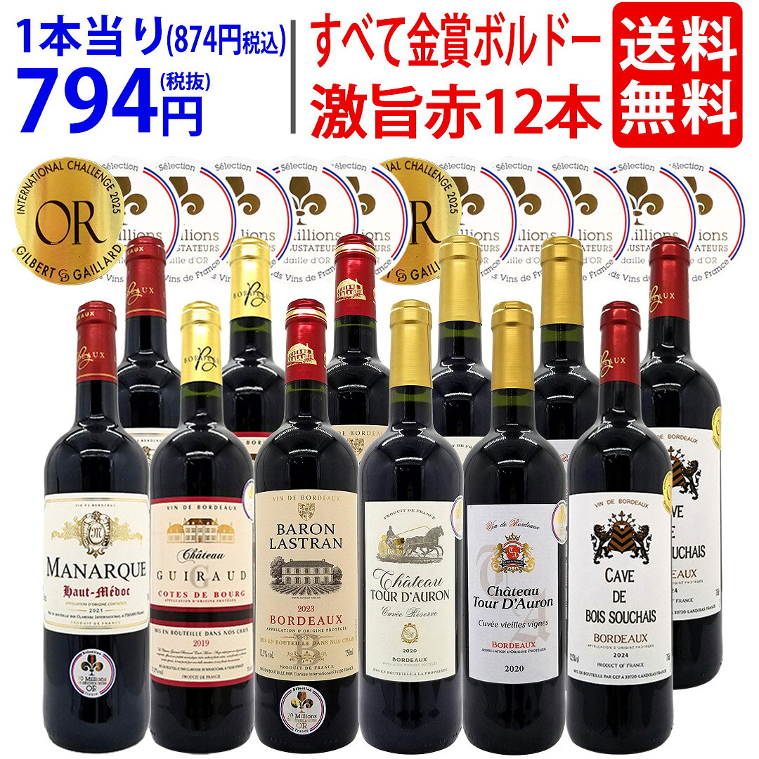 ワイン ワインセットすべて金賞フランス名産地ボルドー激旨赤12本セット 送料無料 (6種類12本) 飲み比べセット ギフト ^W0DIA3SE^