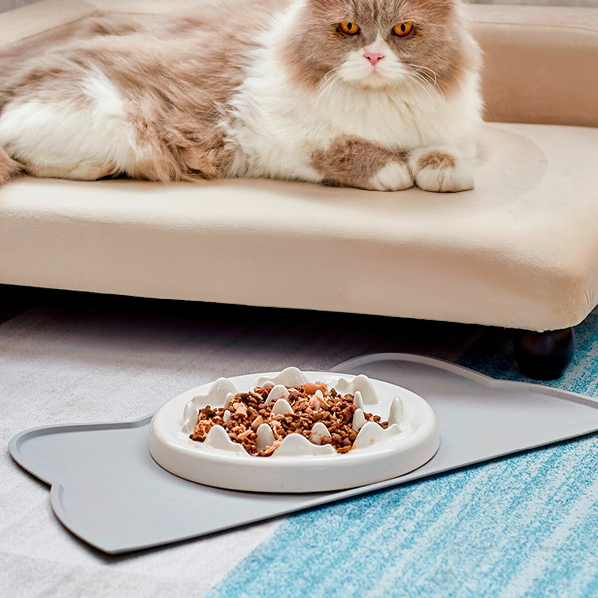 VeroMan ペットフードボール マット セット フードボウル 猫 早食い防止 食器 陶器 猫用 餌入れ 餌 肥満予防 健康維持 吐き戻し軽減 シンプル キュート