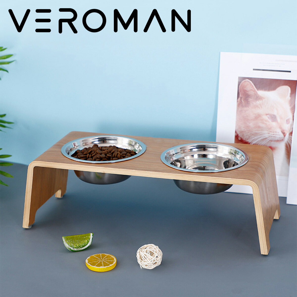 VeroMan ペットボウル 猫 犬 スタンド ボウル ダブル エサ台 皿 食器 2個セット 木製 分離式 フードスタンド 水 ペット用品 ペット雑貨