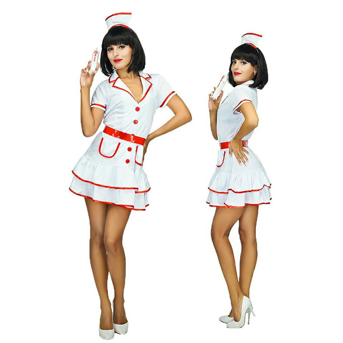 VeroMan レディース ナース 看護師さん コスプレ ハロウィン パーティー イベント 衣装 仮装 コスチューム ミニワンピ 可愛い おすすめ 白 大人 女性 3点セットのサムネイル