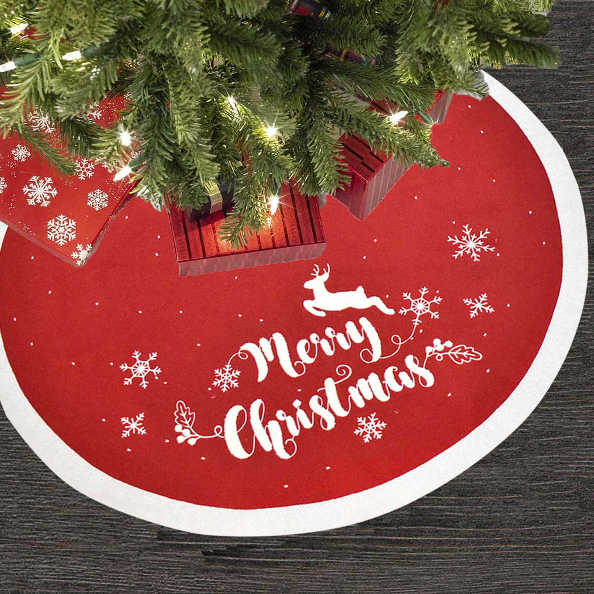VeroMan クリスマス ツリースカート トナカイ柄 レッド ツリー 飾り 円型 結ぶ仕様 オーナメント デコレーション 雑貨 大きい 直径122cm