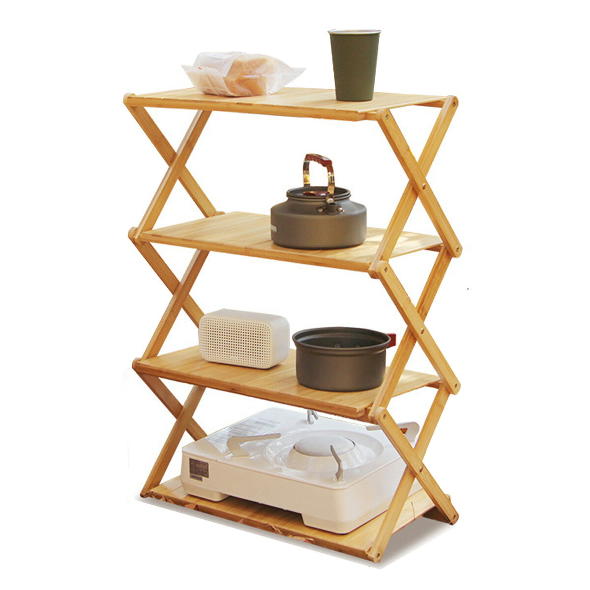 [4段] VeroMan キャンプラック 折り畳み 木製 収納袋付き アウトドア バーベキュー キャンプテーブル ..