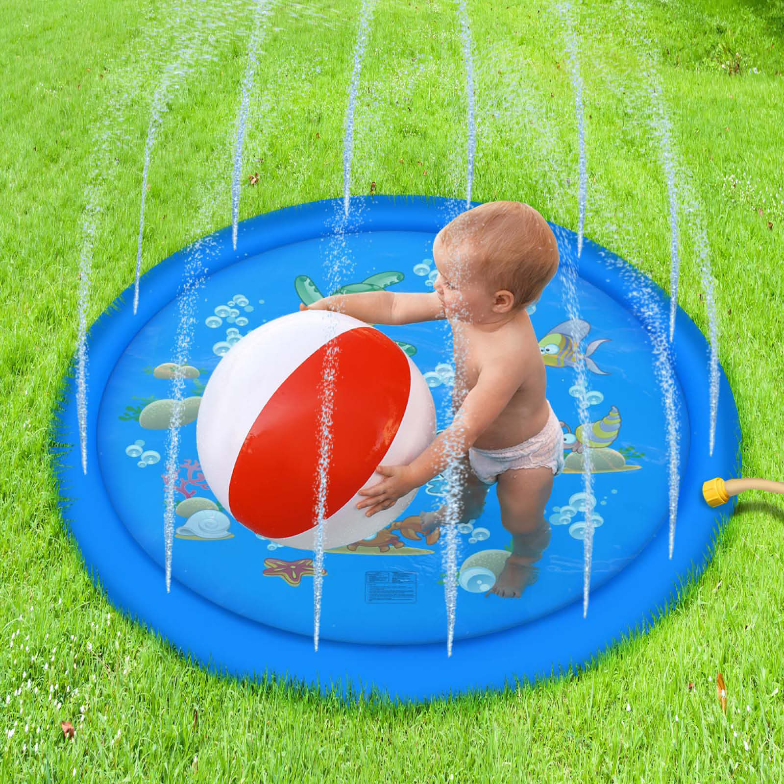 [直径170cm] VeroMan 子供用 プール 噴水 ホースに繋ぐだけ 水遊び 噴水マット プレイマット 庭 シャワー 幼児 (ブルー)