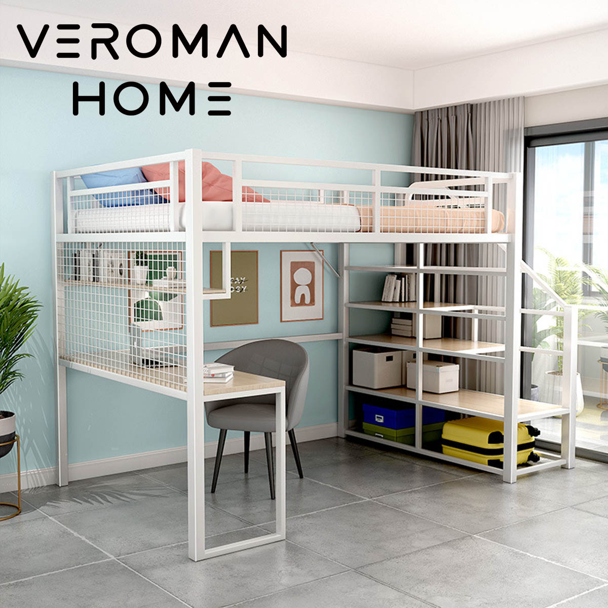 VeroMan 二段ベッド アパート向け 鉄製2段ベッド 省スペースデザイン 階段式デザイン 個性的でスタイリ..