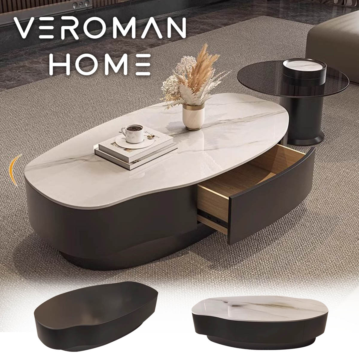 VeroMan ローテーブル モダンデザイン 不規則フォルム メタルフレーム 韓国インテリア [高さ33cm×幅120cm]のサムネイル