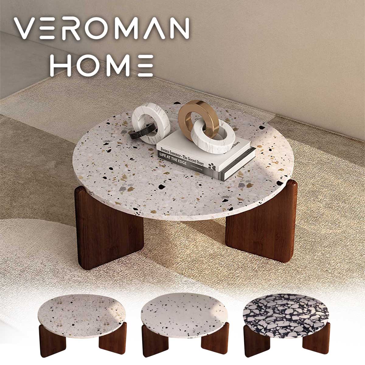 [直径80cm] VeroMan リビングテーブル マーブル柄 テラゾー センターテーブル 円形 丸い テーブル 木脚 ローテーブル レトロ シンプル 韓国インテリア