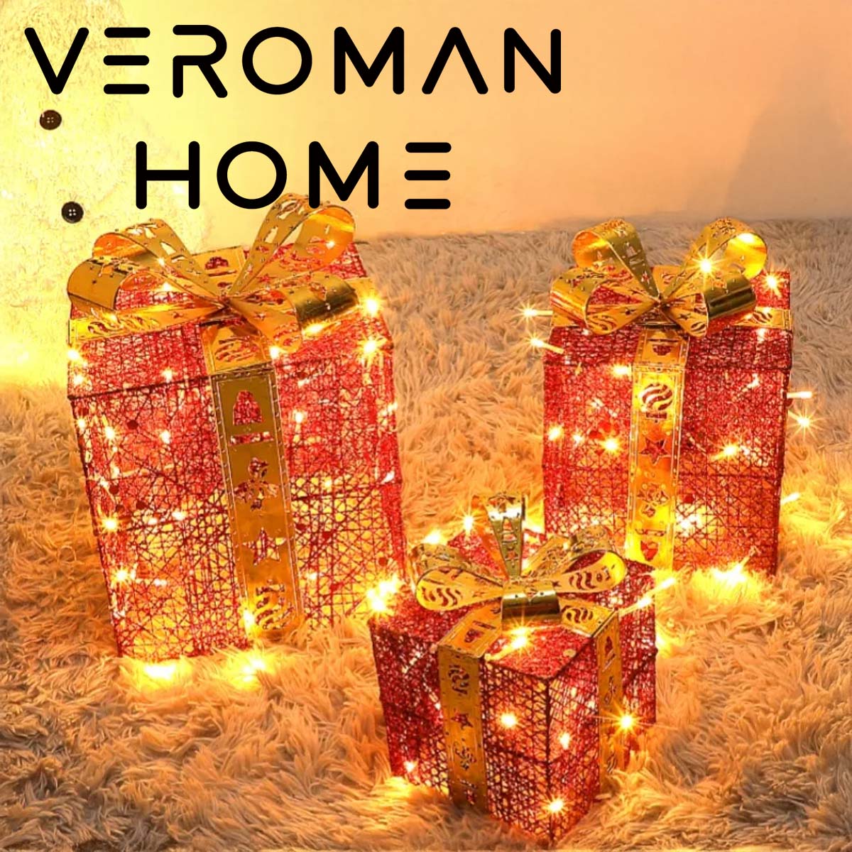 VeroMan クリスマス ギフトボックス 3点セット 発光 デコレーション 鉄製 置物 オーナメント プレゼント用 ディスプレイ 飾り かわいい [3サイズ]