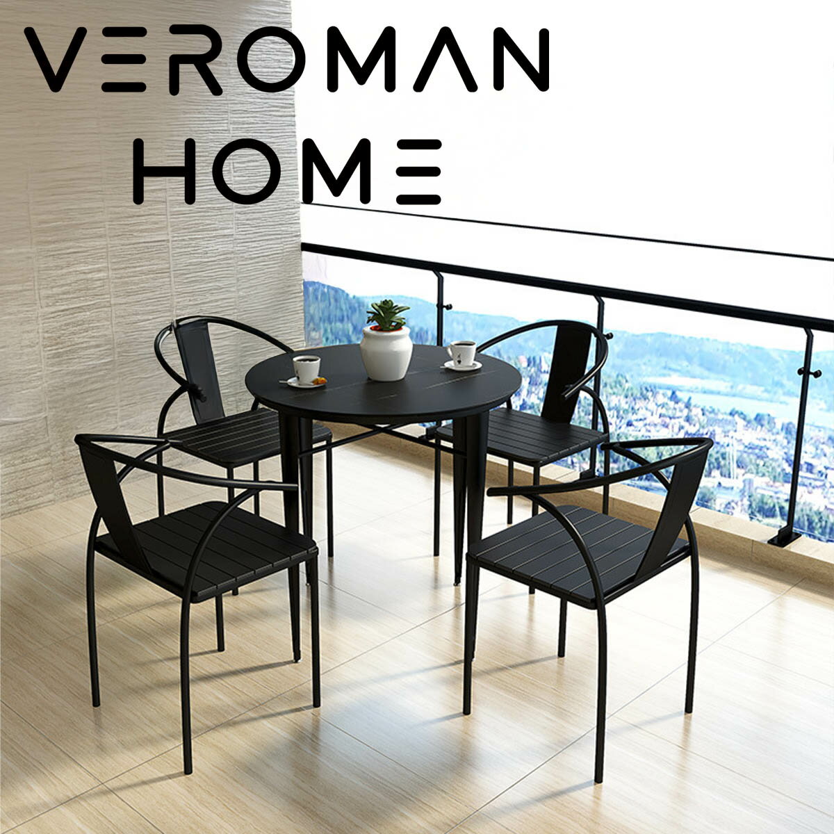 [テーブルセット] VeroMan アウトドアテーブルセット 岩板テーブル＆チェア4脚 屋外用バルコニー・カフ..