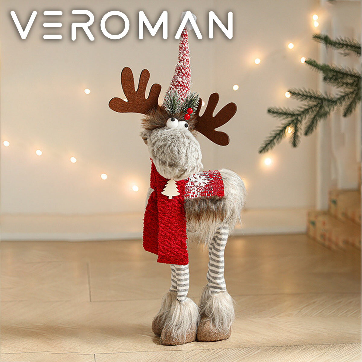VeroMan クリスマス トナカイ人形 置物 装飾 オーナメント サンタ帽子 マフラー付き 室内インテリア [高さ50cm×幅24cm]