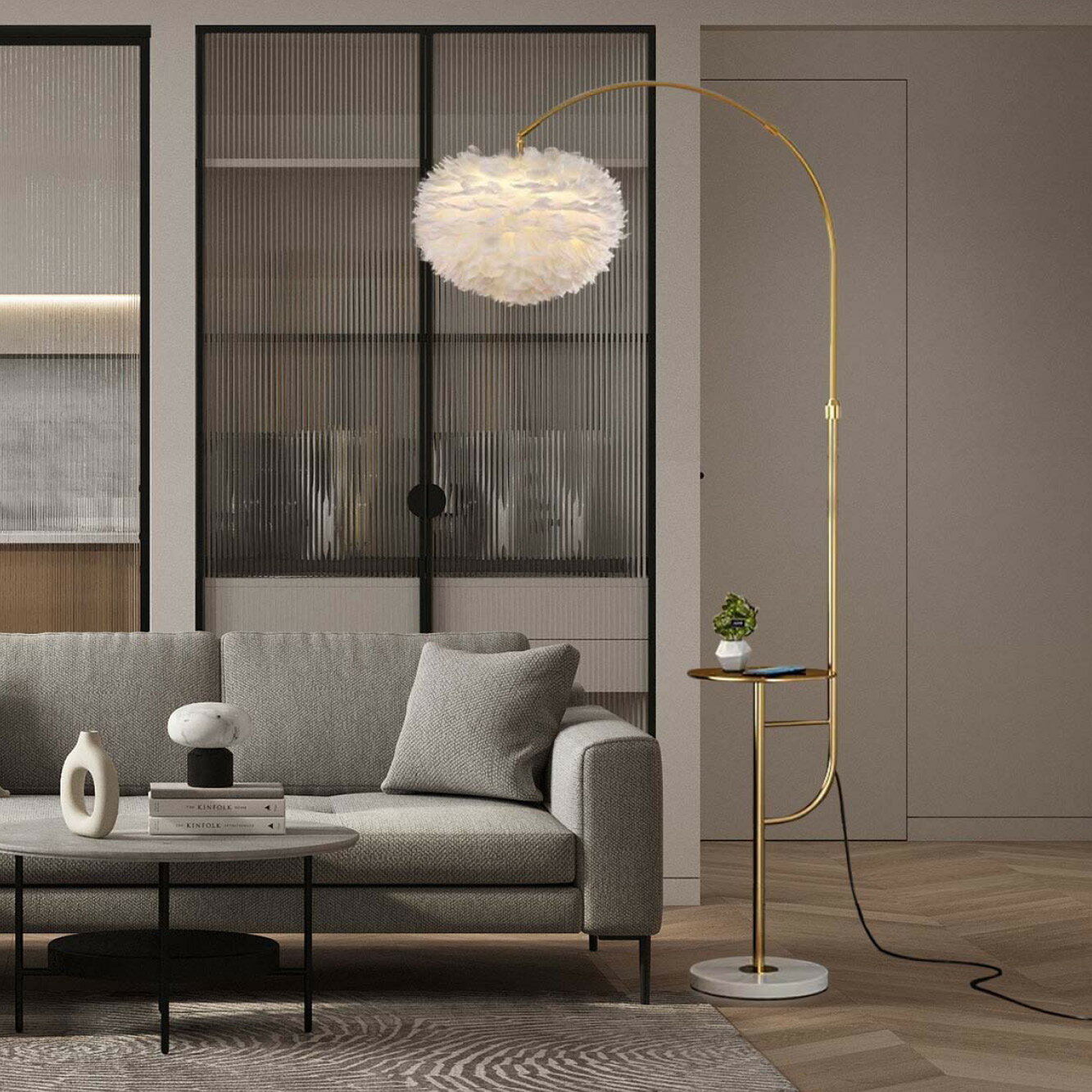 [ゴールド] VeroMan ゆらめく羽根が映える フロアライト スタンドライト テーブル付き 大理石ベース サ..