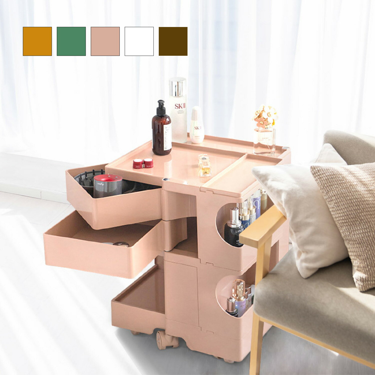 VeroMan カラートロリー キャスター付き ベットサイドテーブル 棚 可動式 韓国 インテリア レトロ 2段 引き出し 幅43x奥行42x高さ52cmのサムネイル