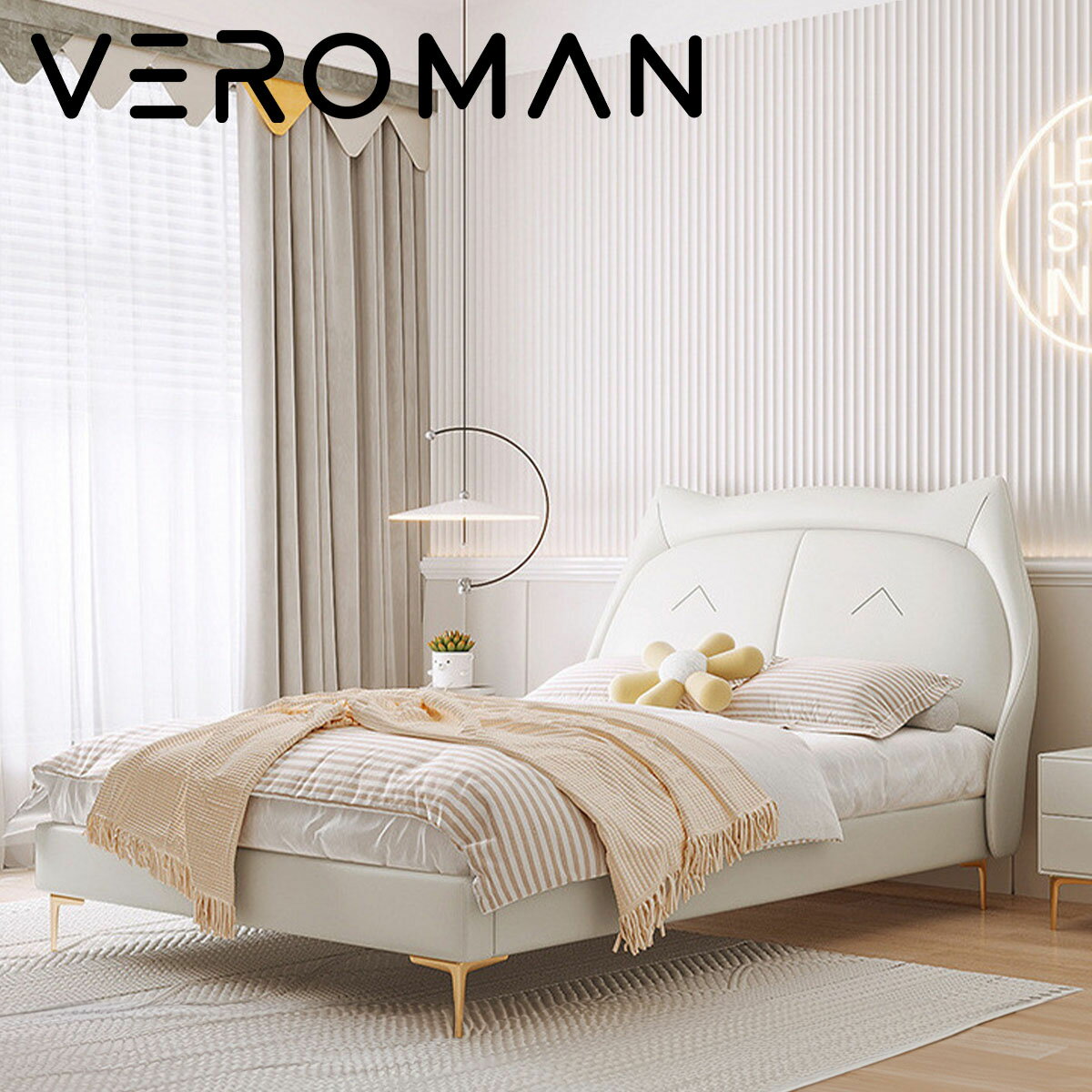 [セミダブル]VeroMan ベッド 収納ベッド ラック やさしい猫耳デザインベッド ふんわり リラックス空間 ..