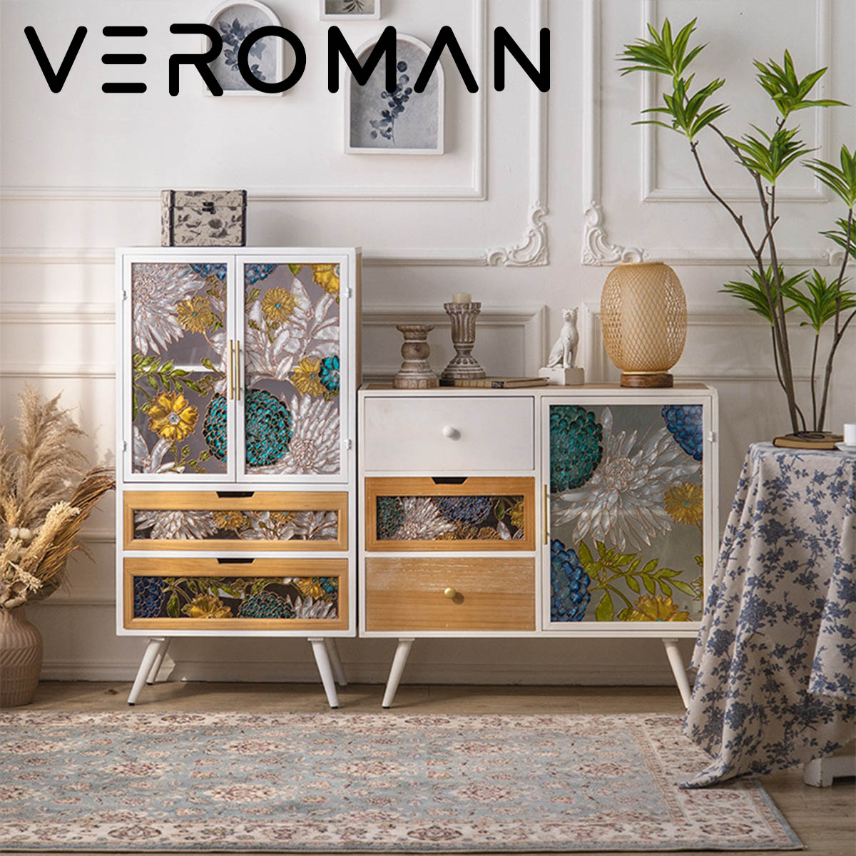 VeroMan 華やかな手描きガラス扉付き収納キャビネット リビングや玄関先にぴったりの収納家具 韓