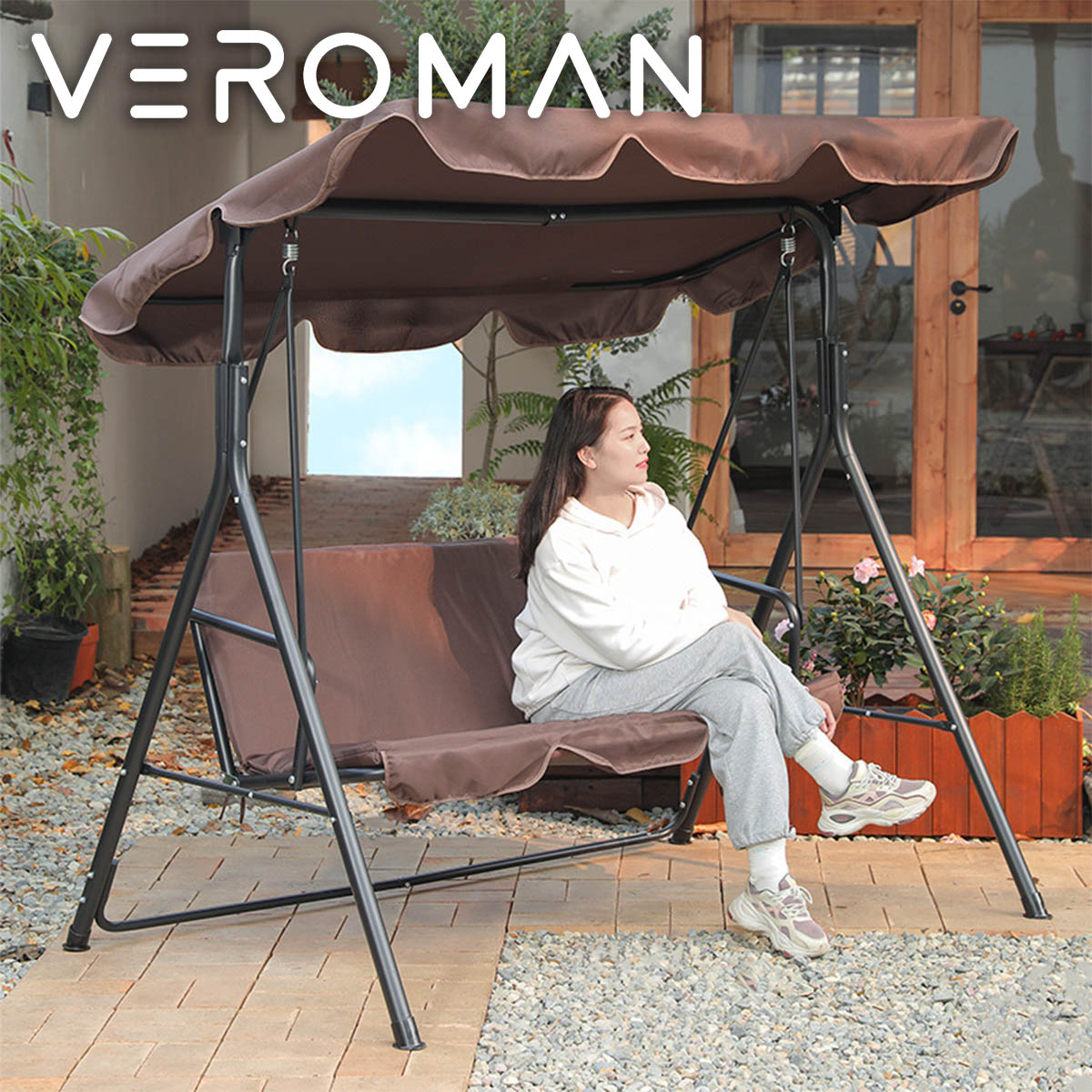 VeroMan スイングベンチ 二人掛け 屋根付ブランコ 家庭用ブランコ 日よけ付き ガーデンファニチャー デ..