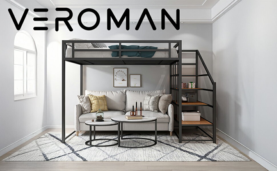 VeroMan 二段ベッド ロフトベッド仕様 鉄製フレーム 家庭用・子供部屋・ゲストルームにも最適 韓国イン..