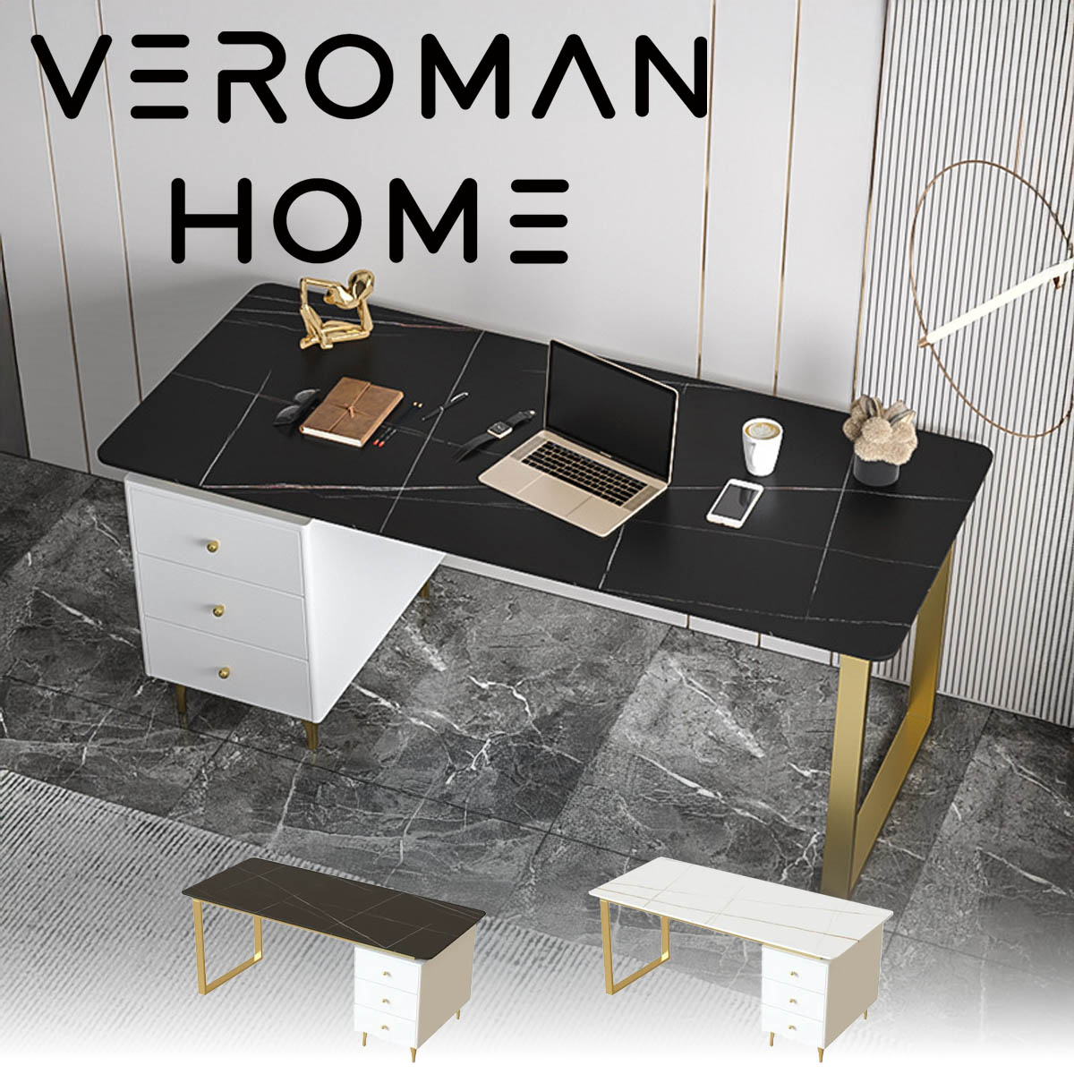 VeroMan 大理石調デスク 岩板天板 ゴールド脚 引き出し収納付き ワークデスク パソコンデスク 韓国インテリア [高さ75cm×幅120cm]