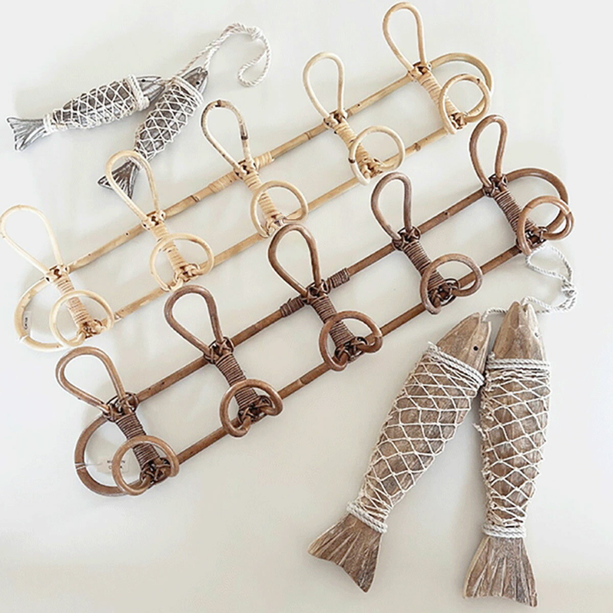 VeroMan 壁掛けフック 5連 ラタン ノブ10個 フック ウォールフック コートフック コートラック 洋服ラック 天然籐 韓国インテリア