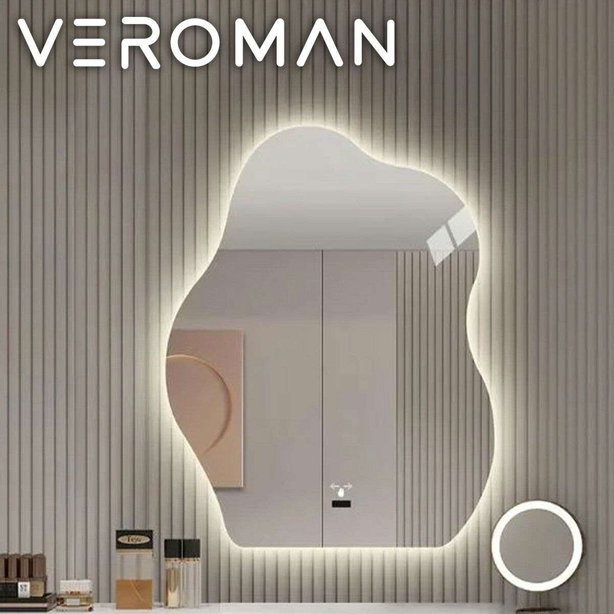 [中] VeroMan LEDライト ウェーブ 波 ミラー 鏡 壁掛けミラー 3光色 壁掛け もこもこ 雲 デザイン 洗面所 玄関 シンプル おしゃれ 立て掛け 韓国インテリア [幅50cm 高さ70cm]