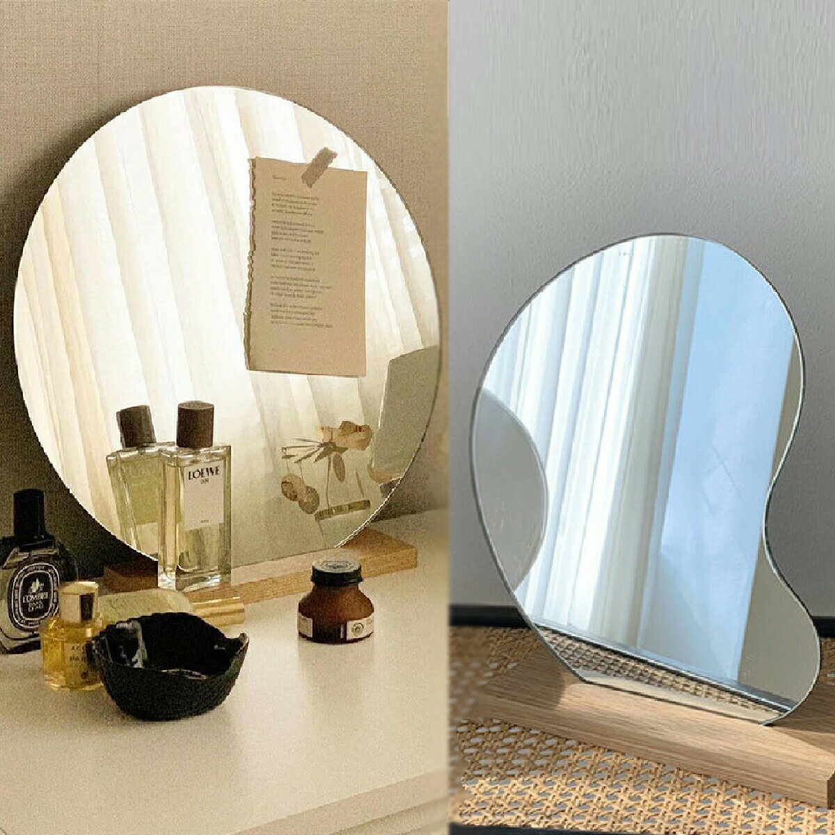 VeroMan 鏡 ミラー ビーンズ 円形 天然木台 卓上ミラー ウッドベースミラー スタンドミラー インテリア..