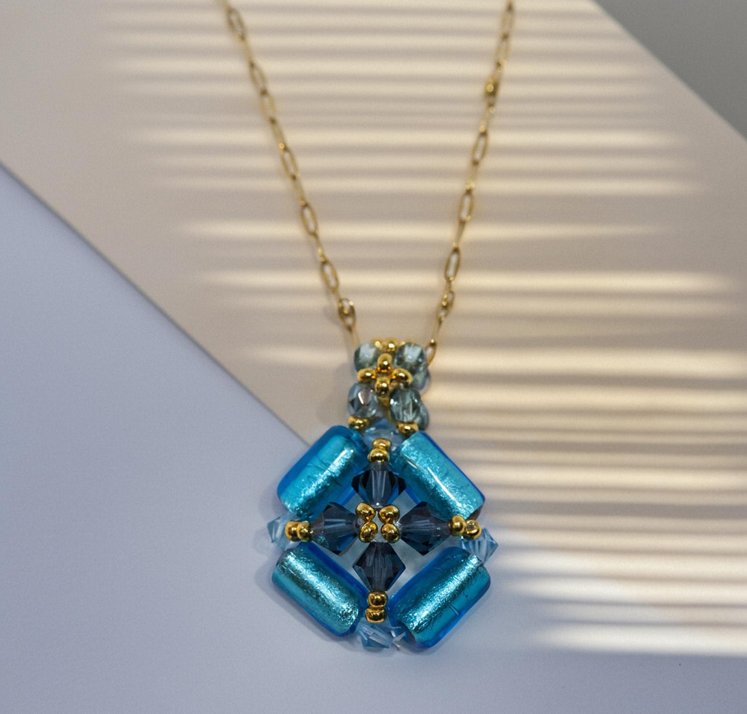 Cats-Eye - 手作り ビーズキット ミニチューブのスクエアペンダント ホワイトゴールド アクアマリーナ ベネチアンビーズ ビーズアクセサリー ハンドメイド