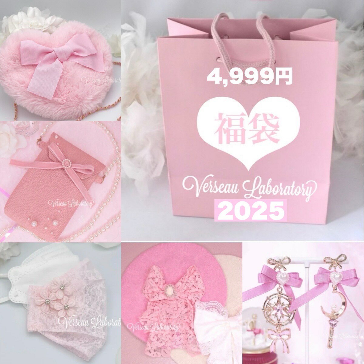 Z25 【新発売】 2025年福袋 ピンクの福袋 4,999円★ マスク マスクケース マスクチェーン マスクケース マスクチャーム ワンピース ベレー帽 バッグ 手ぶらポシェット イヤリング ピアス ソックス カチューシャなどお楽しみ福袋 レース シルク ベロア トートバッグ