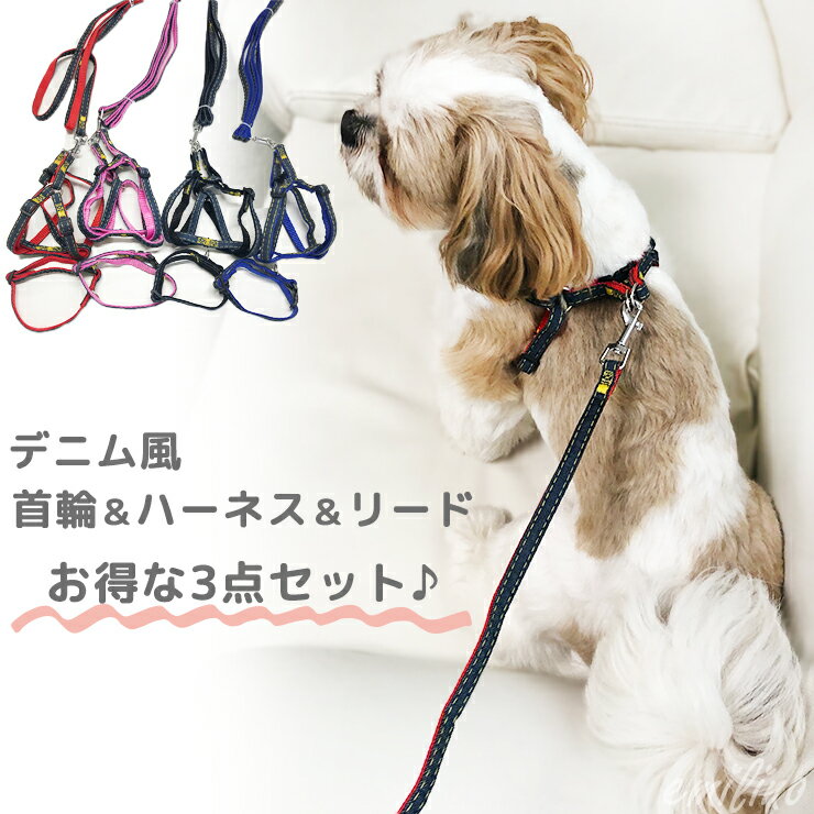 デニム風 首輪＆ハーネス＆リードのお得な3点セット♪ 犬 猫 小型犬 犬猫兼用 ペット用品 首輪 ハーネス リード 胴輪 ひもタイプ サイズ調節可 デニム お散歩 お出かけ リーダーウォーク エミリースタイル emilystyle