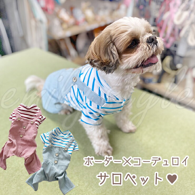 重ね着風ボーダー×コーデュロイサロペット ペット ウェア 犬 ドッグ 服 ボーダー コーデュロイ つなぎ オールインワン 袖あり ピンク ブルー 女の子 男の子 カワイイ 秋冬 秋 冬 カバーオール ズボン エミリースタイル emilystyle