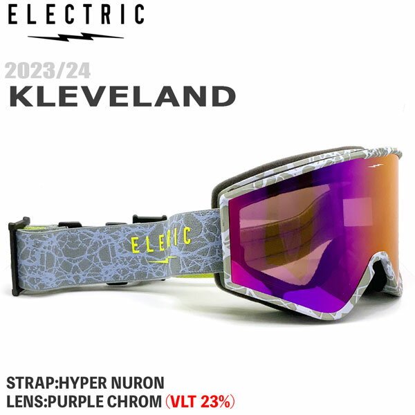 THE KLEVELAND 世界的スノーボーダー Marcus Klevelandとの行動開発。 ELECTRICで最初のシグネチャーゴーグル KLEVELANDは少ないフレーム面積で 広い周辺視野が特徴です。 【正規代理店商品】 ●BRAND：ELECTRIC(エレクトリク) ●品　番：ELC-24KH ●モデル：KLEVELAND ●品　名：HYPER NURON ●レンズ(VLT)：PURPLE CHROME ●FEATURES LENS ・熱成型シリンドリカルレンズ ・防曇、キズ防止ハードコーティング ・100％UVカット ・広い周辺視野 FRAME ・モールドインジェクテッドバイオレジン使用TPU軽量フレーム ・人間工学に基づいたフレームデザイン ・三層構造フェイスフォーム ・通気性に優れたフォームベンチレーション SUSTAINABILITY ・バイオレジンTPUフレーム ・Sorona製バイオファイバーストラップ ・ペットボトルリサイクル素材、Repreveから作られた マイクロファイバーゴーグルケース付き ・リサイクル梱包材使用 GERERAL ・ヘルメット対応 ・眼鏡の上からでも着用可能(OTG) ・バックルストラップ ・ユニセックス SIZE ・100mm H x 165mm W x 80mm D ・115g ※可視光線透過率(VLT)は、多少の誤差が生じる場合が御座います。 ※商品写真の色は、OS・ブラウザ・ディスプレイ等 により実際のものとは多少異なる場合があります。 ご了承の上ご購入ください。