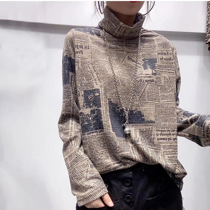 Tシャツ 長袖 レディース インナー カットソー プリント ハイネック トップス カジュアル 細身 着痩せ シンプル 普段着 きれいめ おしゃれ