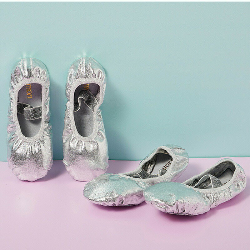 バレエ シューズ 革 銀色 バレエシューズ ダンスシューズ キッズ　ジュニア お試し?初心者の方向け ダ..