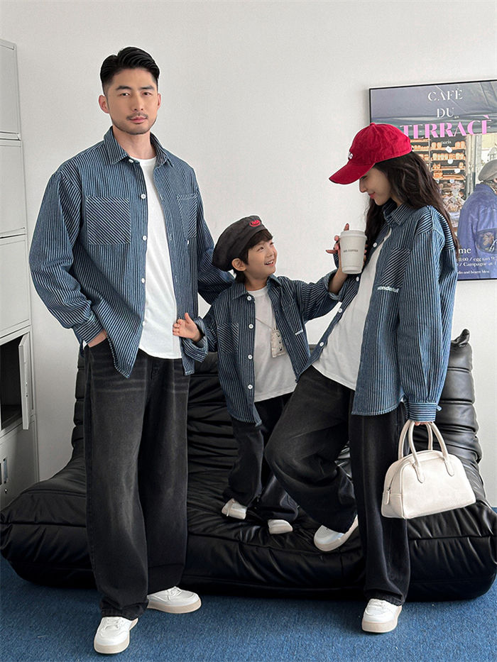 親子お揃い 親子服 親子コーデ 親子ペア 親子お揃い 親子 長袖シャツ ストライプ柄 春 秋 メンズ レデ..