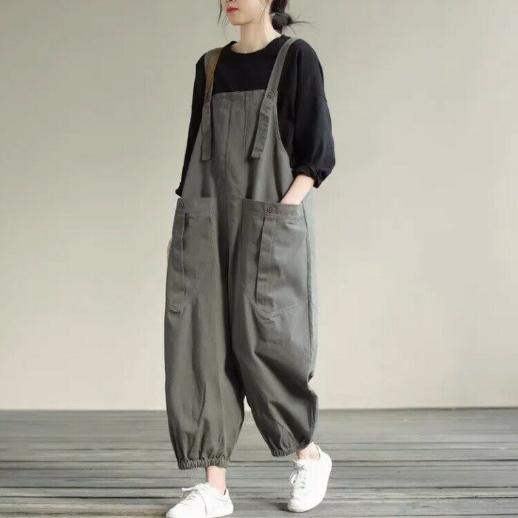 体型カバー シンプル ボトムス オーバーオール ストラップ バックポケット 綿 カジュアル 大きいサイズ 夏 無地 リネンブレンド ワイドパンツ ワイド マタニティ きれいめ レディース ゆったり オフィス おしゃれ 服 サロペット 3