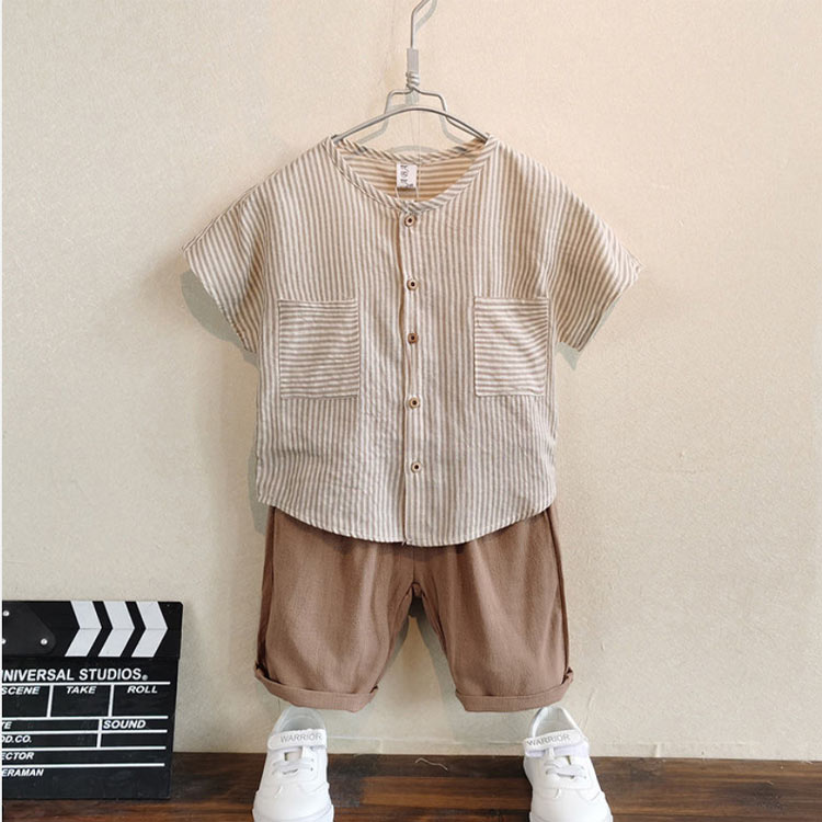 セットアップ 男の子 リネン 上下セット 綿麻 半袖シャツ ハーフパンツ セットアップ 2点セット ストライプシャツ リネン 半ズボン ワイドパンツ イージーパンツ ドロップショルダー