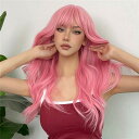 かつら レディース ロング 巻き髪 ぱっつん前髪 ピンク カツラ コスプレ セミロング 空気感 小顔効果 ウイッグネット付 イベント コスプレ用 ハロウィン ク...