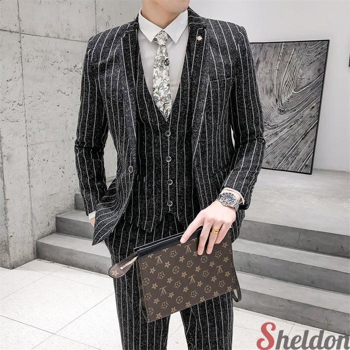 スリムスーツ スーツセット メンズ スーツ ビジネススーツ 春秋 ストライプ柄 3点セット フォーマルスーツ セットアップ スリーピース