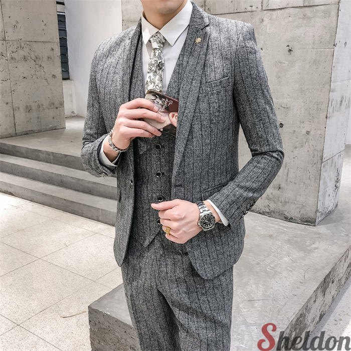 スリムスーツ スーツセット メンズ スーツ ビジネススーツ 春秋 ストライプ柄 3点セット フォーマルスーツ セットアップ スリーピース