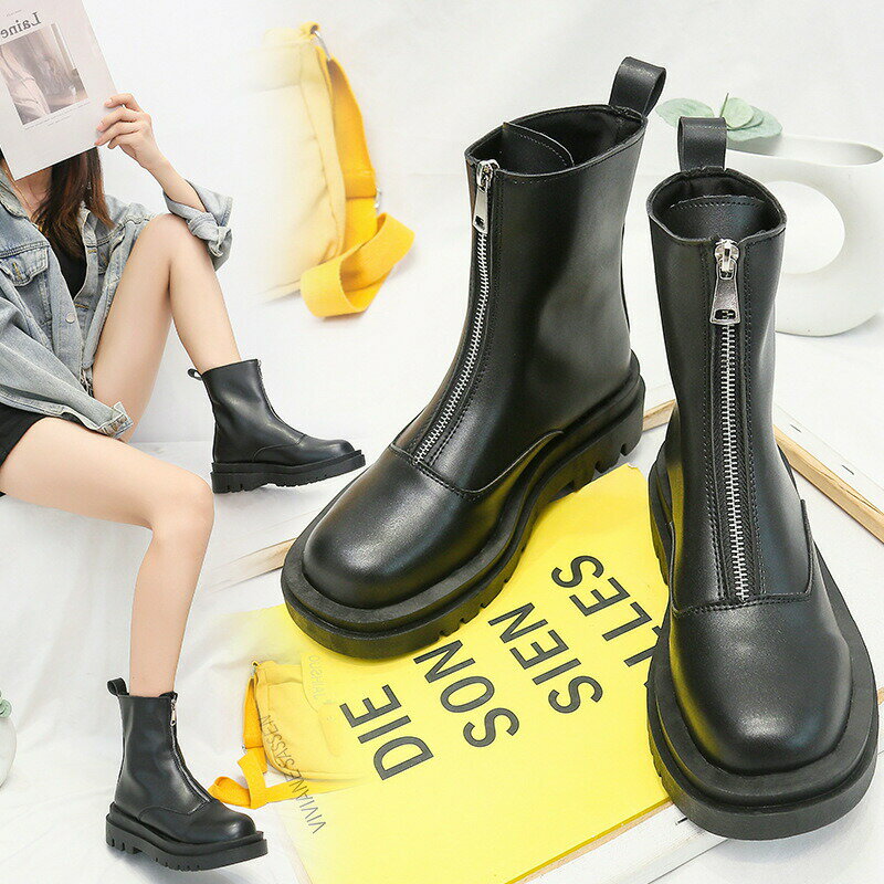 レディース ミドルブーツ フロントジップ 前ファスナー チェルシーブーツ ショートブーツ フロントジッパー ジップアップ ラウンドトゥ 厚底靴 脚長効果 幅広 歩きやすい 通勤 カジュアル