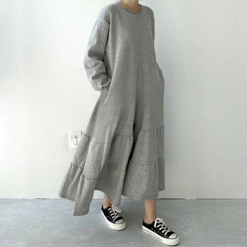 ワンピース ロング 冬 レディース 無地 マキシ丈 ゆったり 体型カバー 大きいサイズ 長袖 クルーネック ルームウェア 春 秋