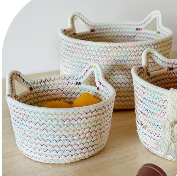 ロープバスケット 猫の耳飾り 収納ボックス バスケット ランドリーボックス コットンロープ おしゃれ ..