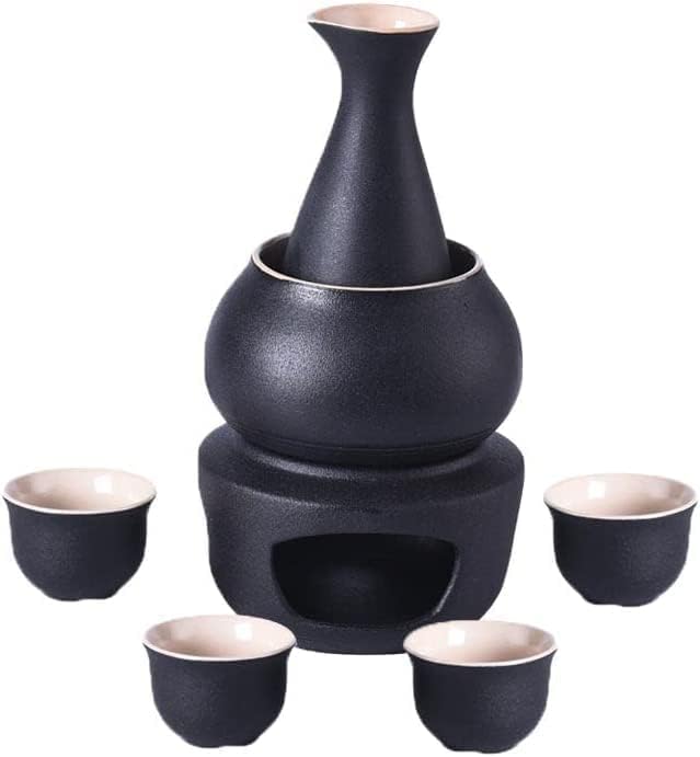 日本酒 熱燗器 伝統 熱酒器 酒器セット 冷たい 暖かい 熱い酒のための日本の禅スタイルの陶磁器のワインセット伝統的な磁器酒暖かい フラスコ 焼酎 熱燗器 焼酎じょか揃 燗瓶 冷酒器 美濃焼 キット焼酎 酒瓶 酒カップ 温暖化ボウル/暖房ベース ブラック (ブラック)